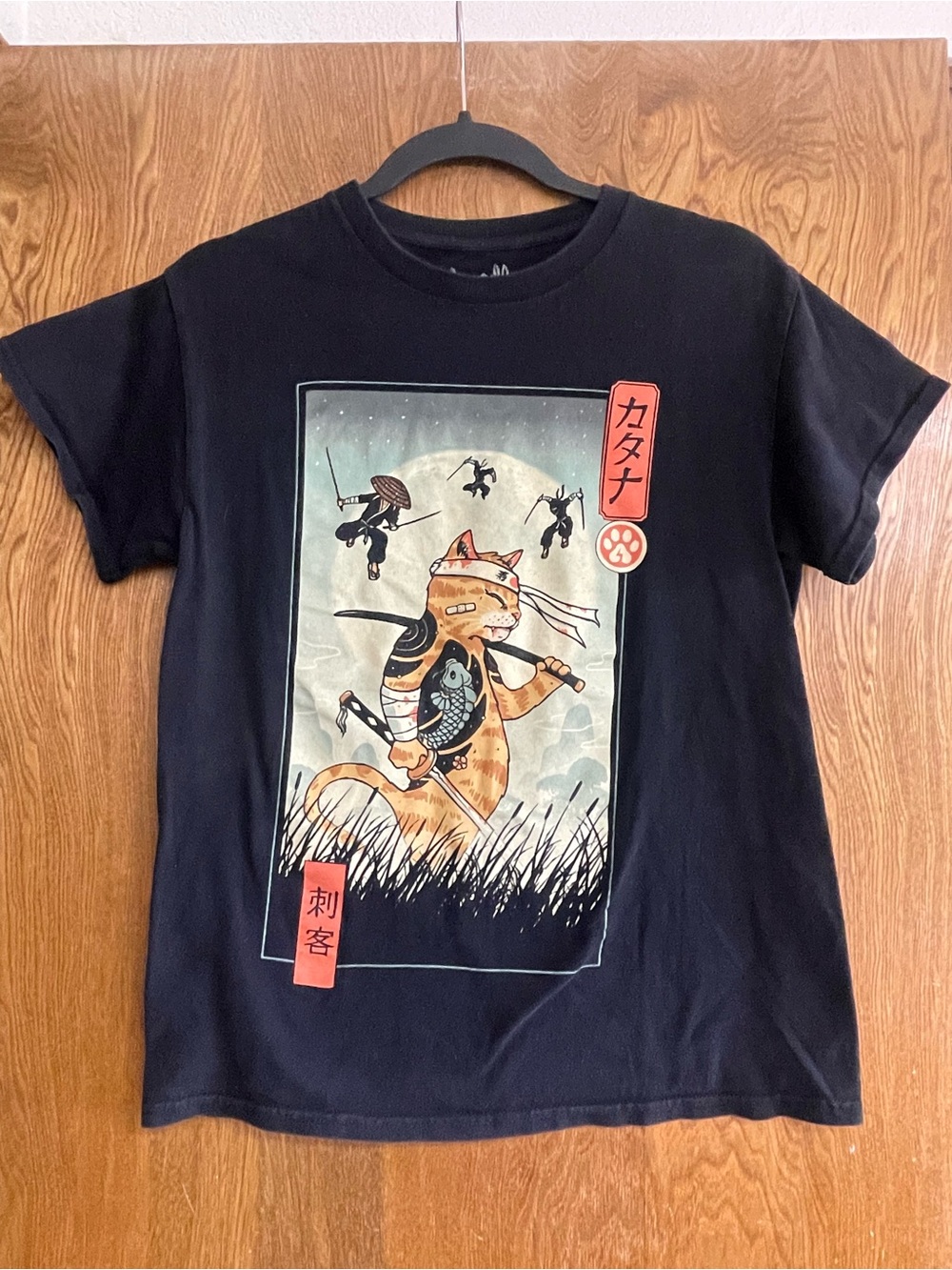 Ninja Cat Graphic Tee Size Small Kawaii Anime Black T-Shirt